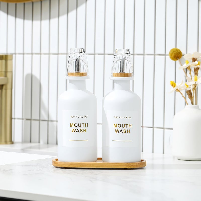 BONLONG 11.8OZ Mouthwash Dispenser for Bathroom with Bamboo & Stainless Steel Pour Spout, Mouthwash Cups Reusable, Bamboo Tray, and Elegant Gold Label. Set of 2（White - Image 3